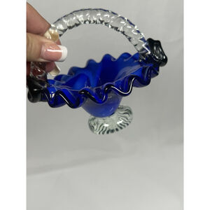 Cobalt Blue Art Glass Basket Applied Clear Twisted Handle Ruffled CUTE! Vintage?